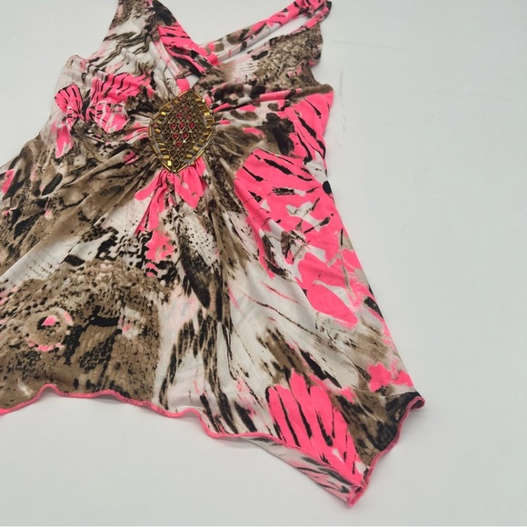 Venus XS Animal Print Sleeveless Top Pink Brown Beaded Detail Crisscross Back - Picture 4 of 11
